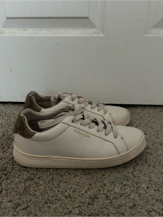 Coach Shoes - Coach Ivory Leather Low-Top Sneakers with Tan Signature Heel